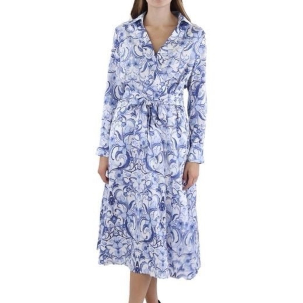 NWT Tahari Petite Hammered Satin Shirt Dress Faux Wrap Styling Long Sleeve Midi - Picture 16 of 16